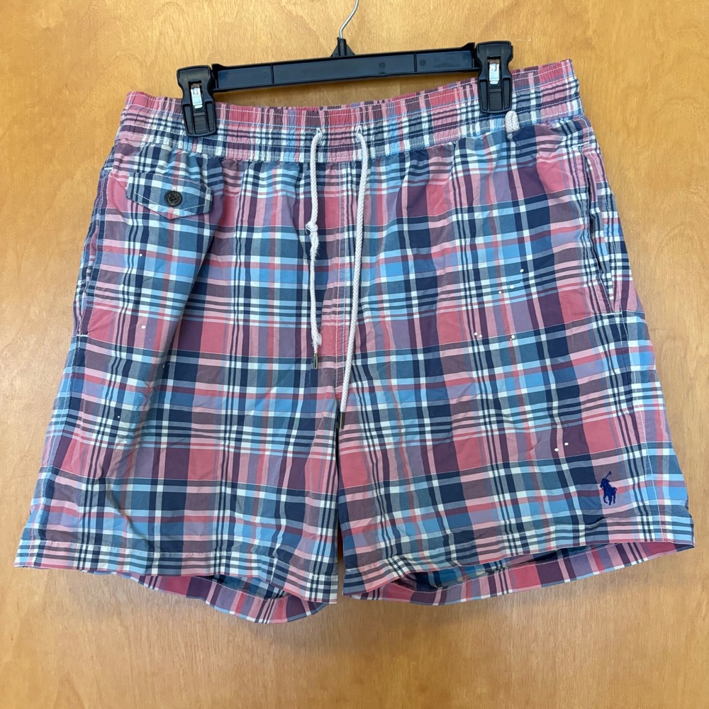 Polo Ralph Lauren Mens Plaid Swim Trunks‎ Pink Blue Board Shorts Size L